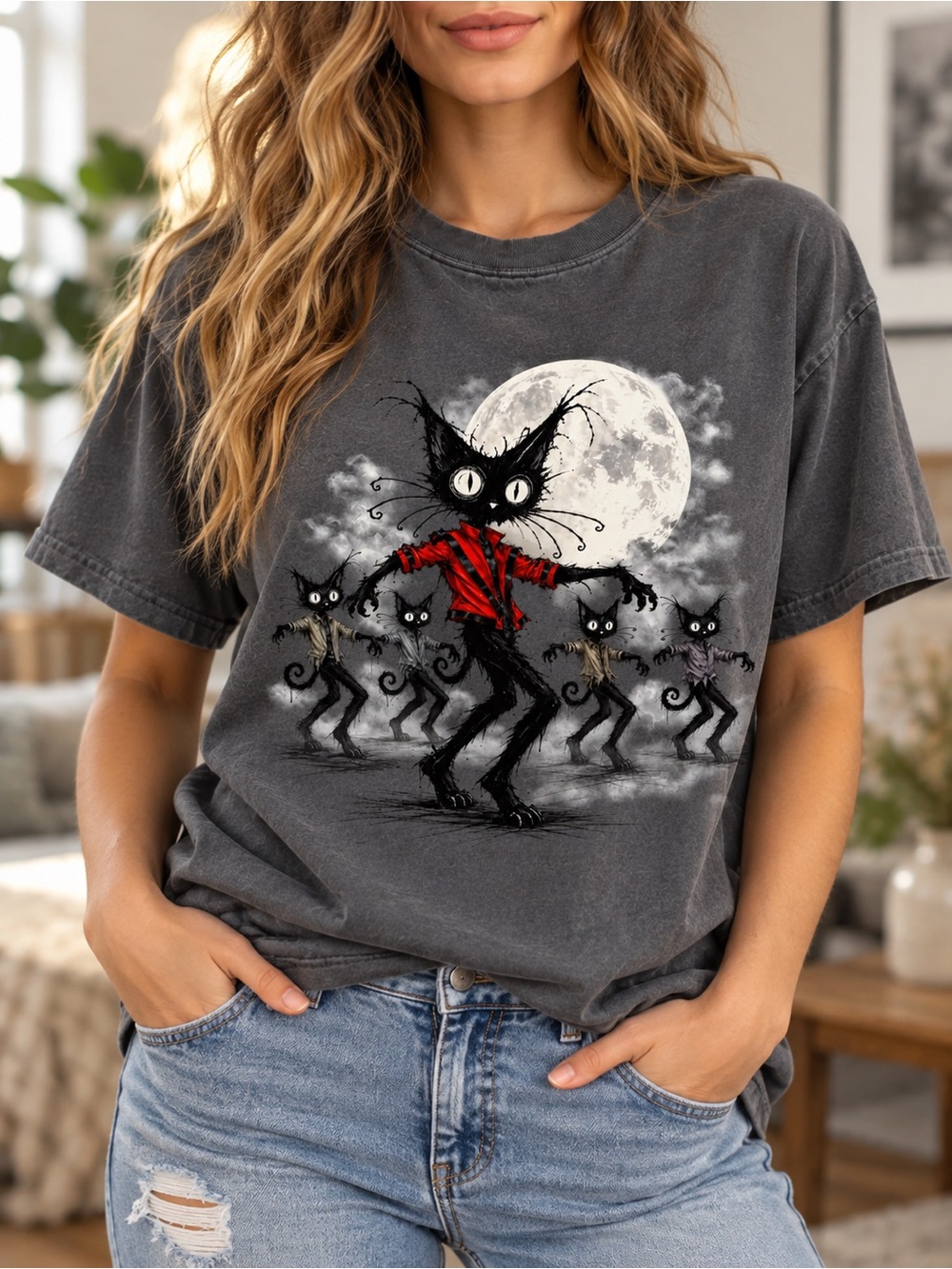 Zombie Cats Shirt Dancing Black Cats Halloween Comfort Colors Pepper Graphic Tee